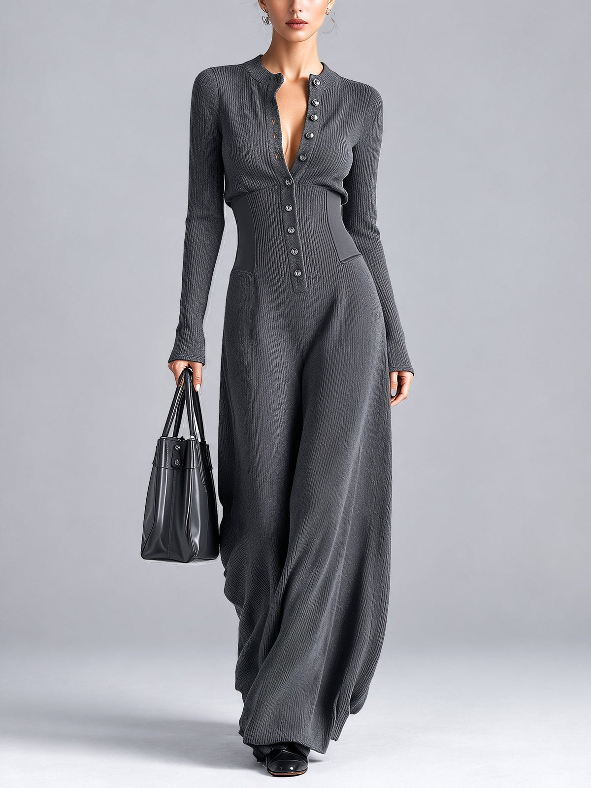 Casual Grey Button-Front Maxi Dress with a Cinched Waist