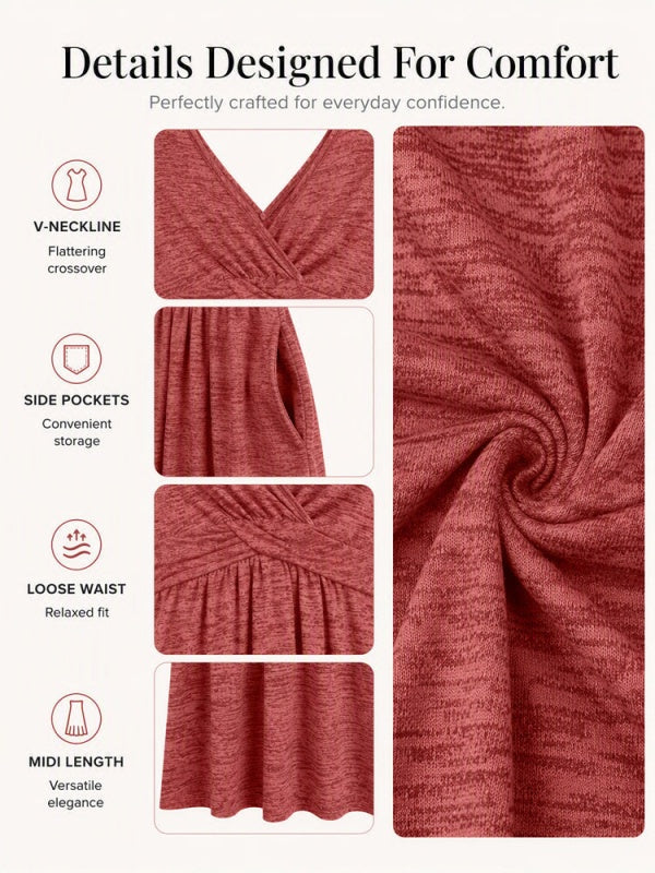 Wrap-Front Tie-Waist Midi Dress With Pockets