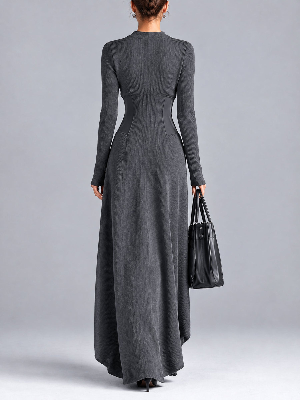 Casual Grey Button-Front Maxi Dress with a Cinched Waist