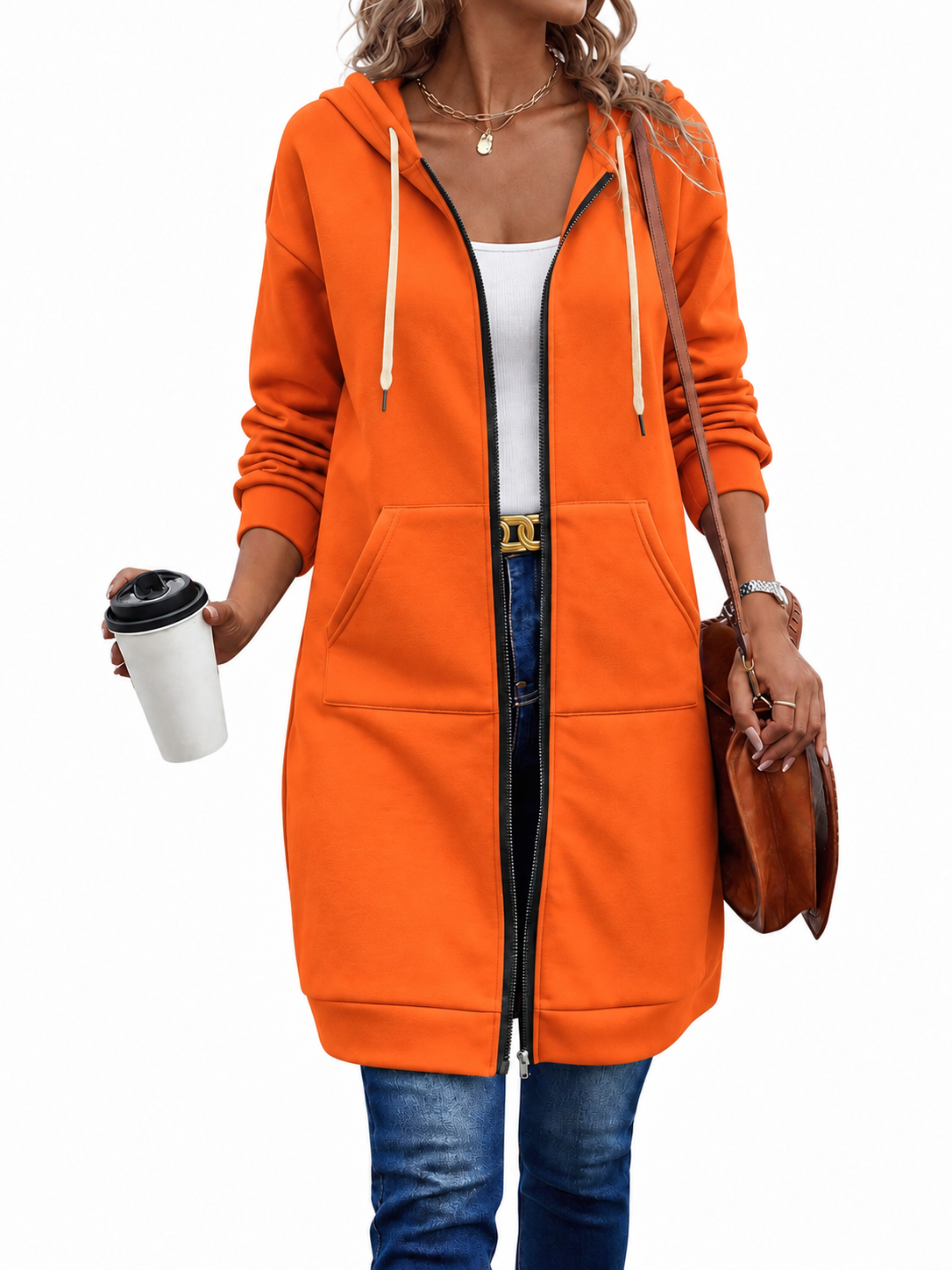 Long Zip Hoodie with Hood Drawstring