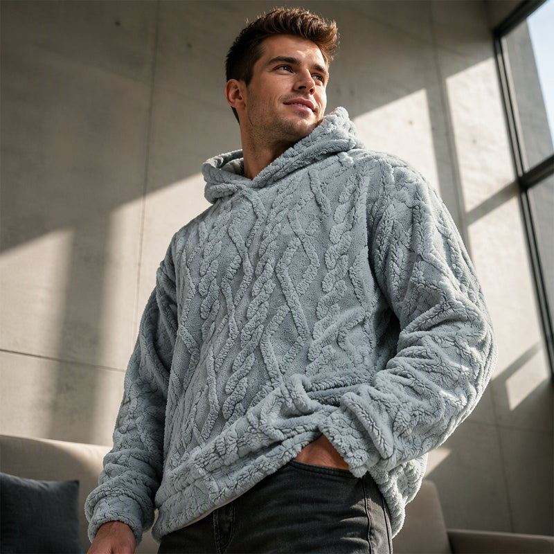 Men's Winter Fleece Lined Hoodie Jacquard Pattern Long Sleeve Pullover Sweatshirt for Casual Outdoor Wear