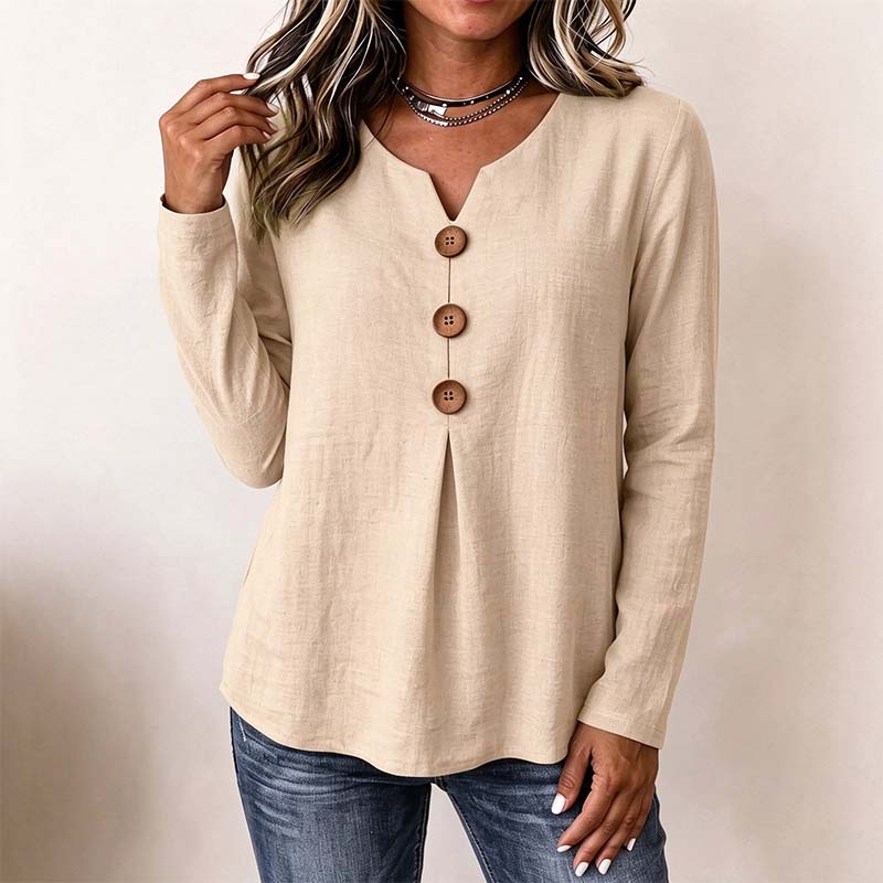 Vintage Large Button Long Sleeve Top, Women's Fashion Basic Blouse