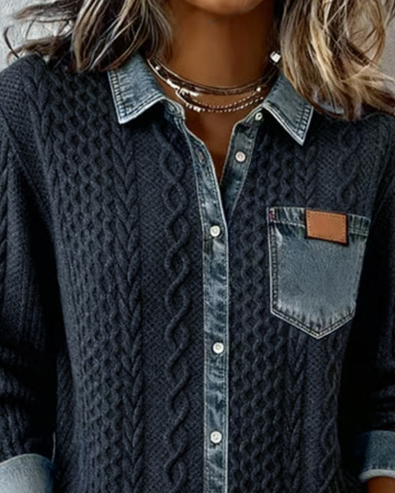 Women's Cable-Knit Cardigan with Denim Details