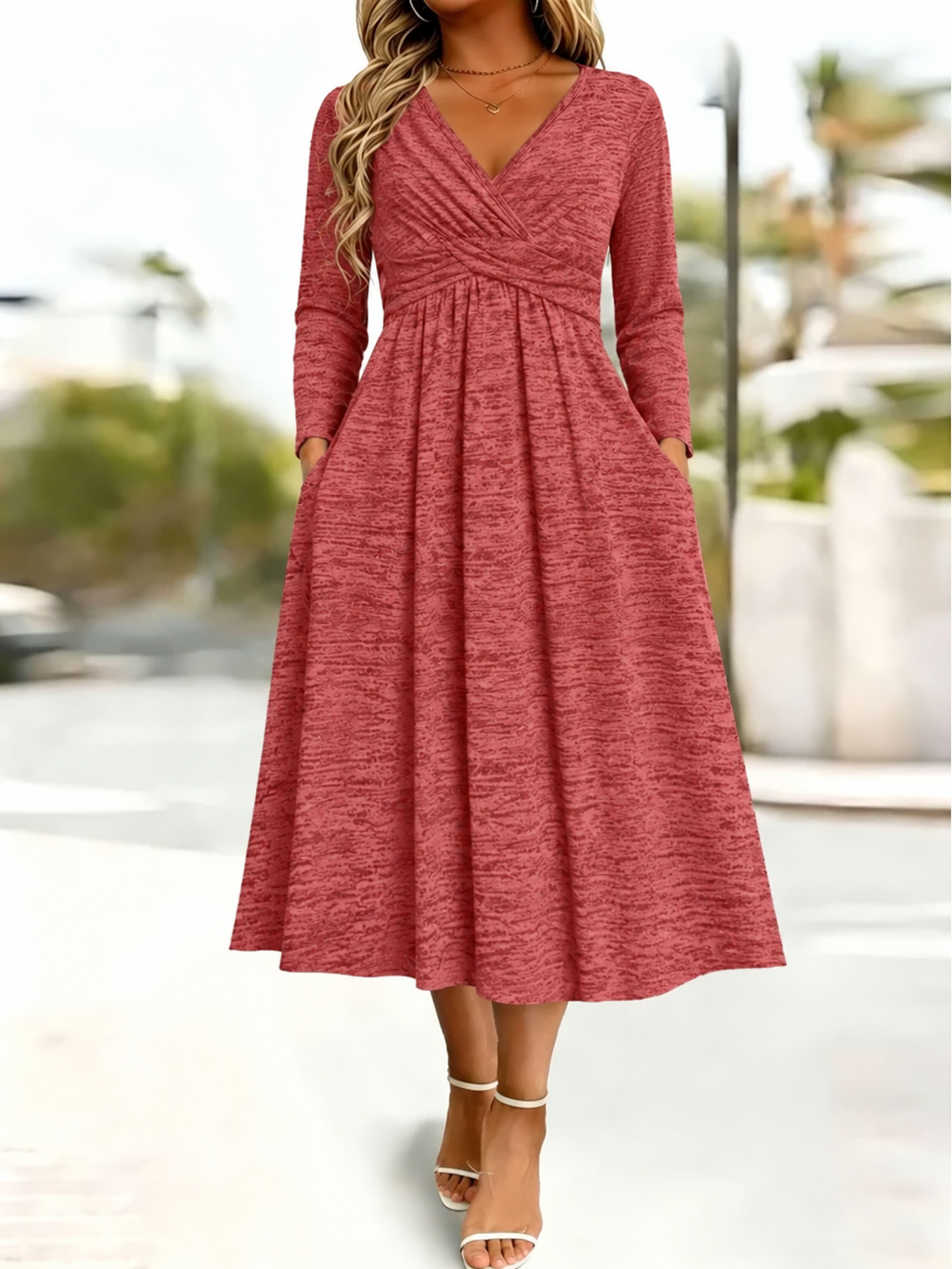 Wrap-Front Tie-Waist Midi Dress With Pockets