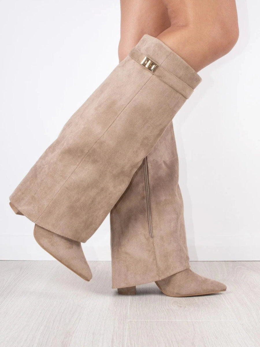 Elegant Women's Suede Boots with Golden Accents