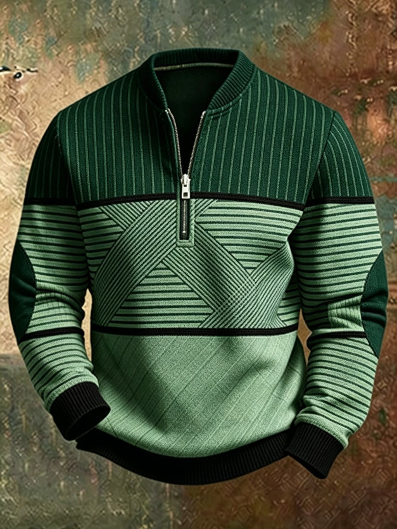 Men's Half-Zip Pullover with Stand Collar and Graphic Design