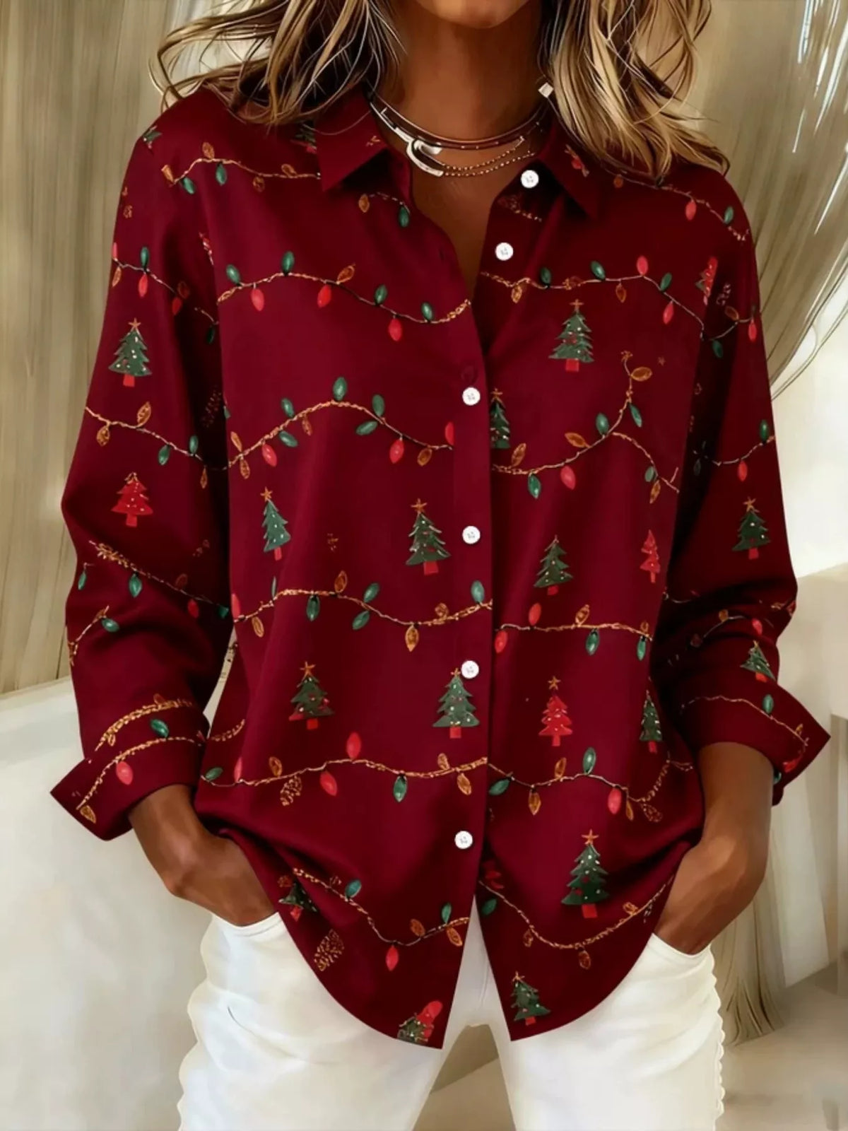 Christmas Tree Print Long Sleeve Button-Down Shirt Plus Size
