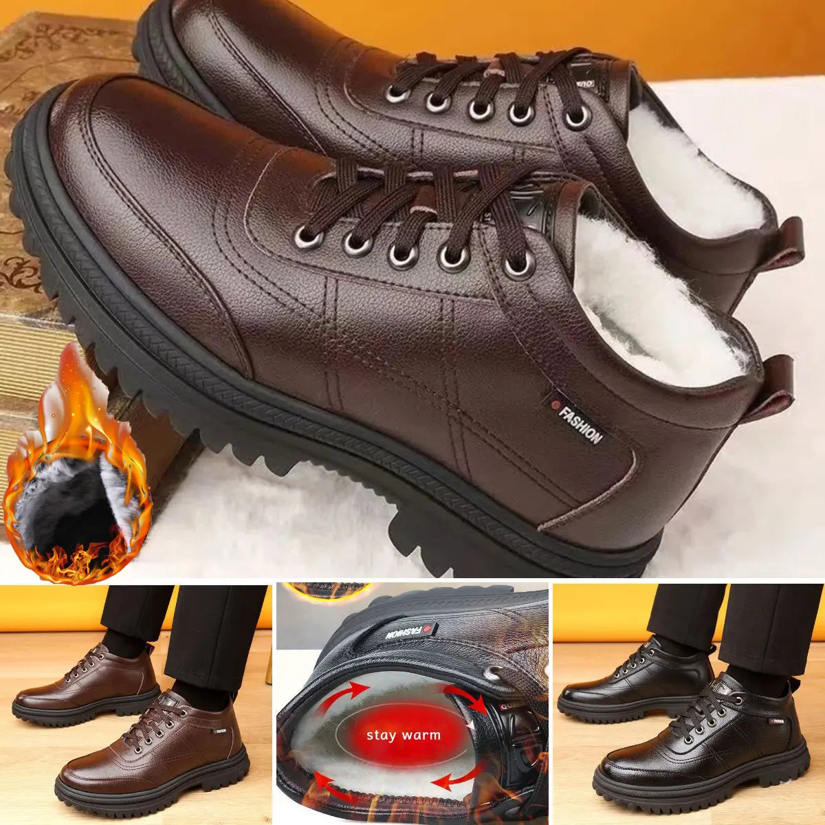 Winter Warm Men's Leather Boots with Thick Sole