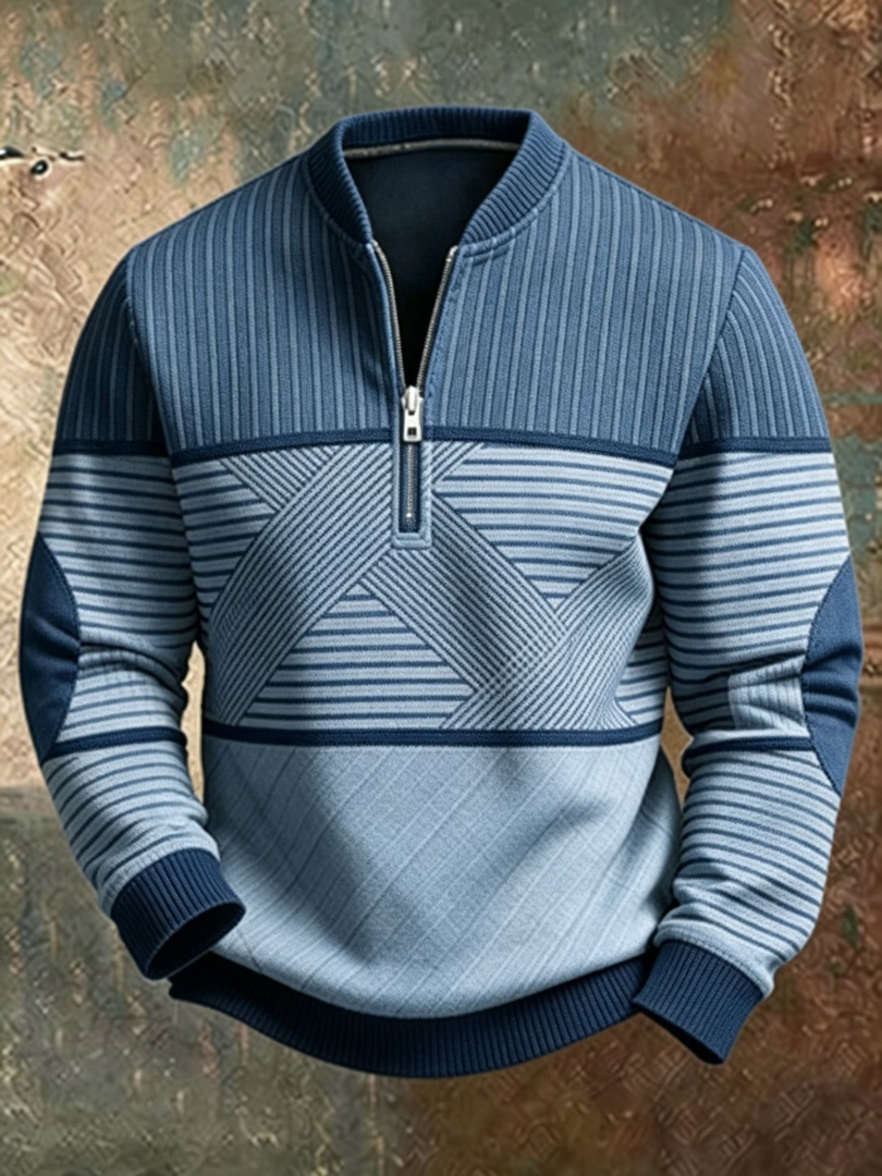 Men's Half-Zip Pullover with Stand Collar and Graphic Design