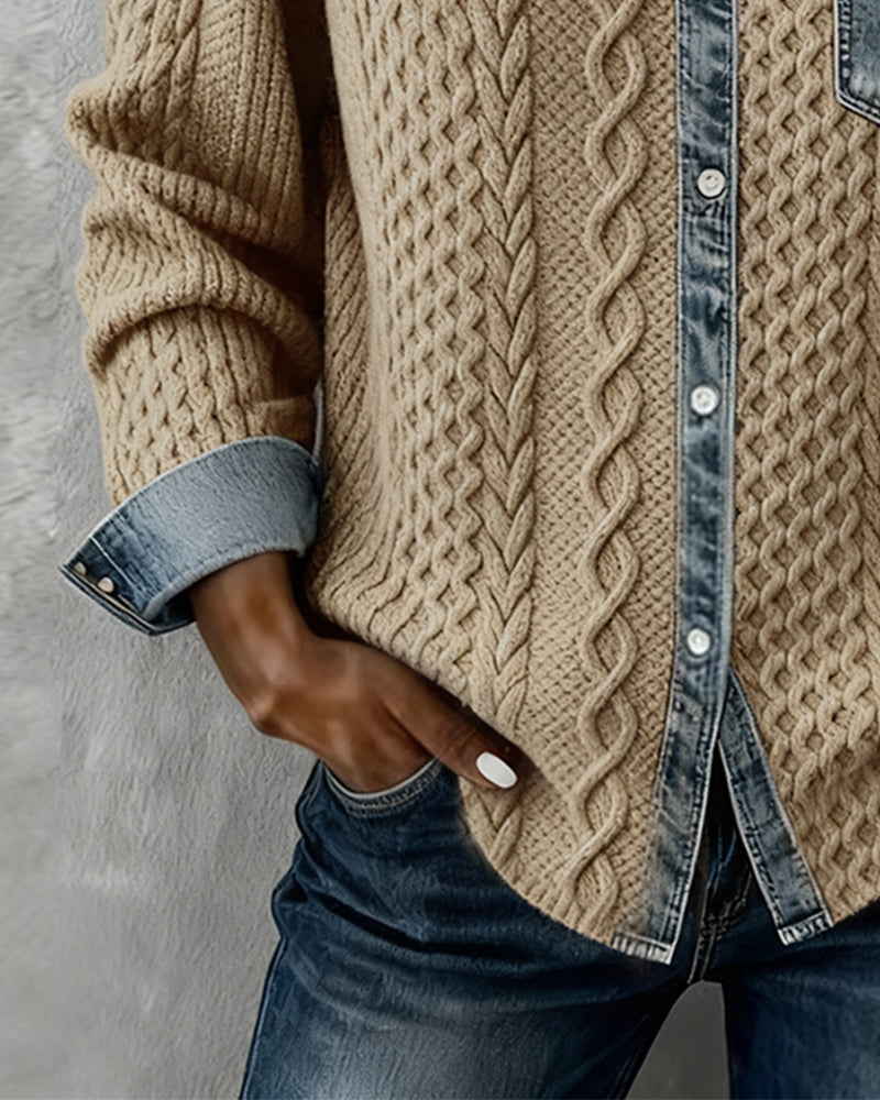 Women's Cable-Knit Cardigan with Denim Details