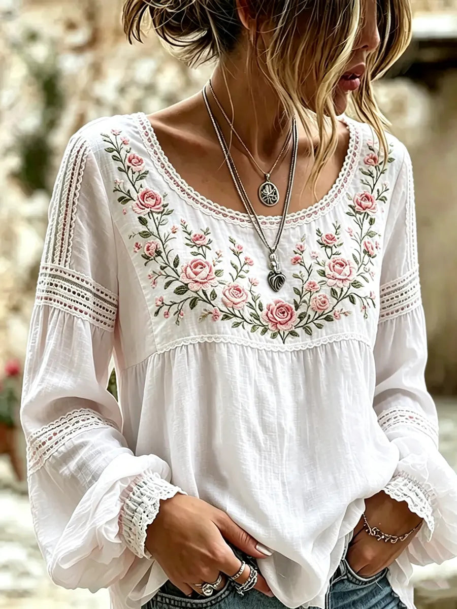 Boho Floral Embroidered Blouse