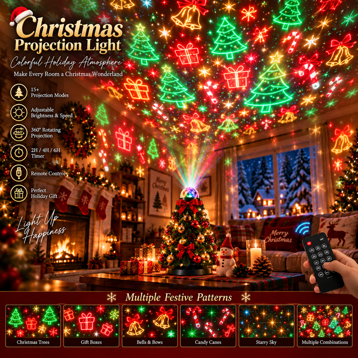 LED Christmas Lighting Projector with 15+ Motifs and Remote Control
