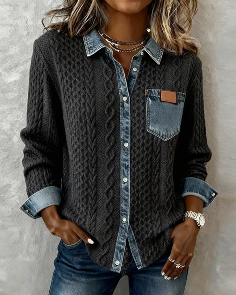 Women's Cable-Knit Cardigan with Denim Details