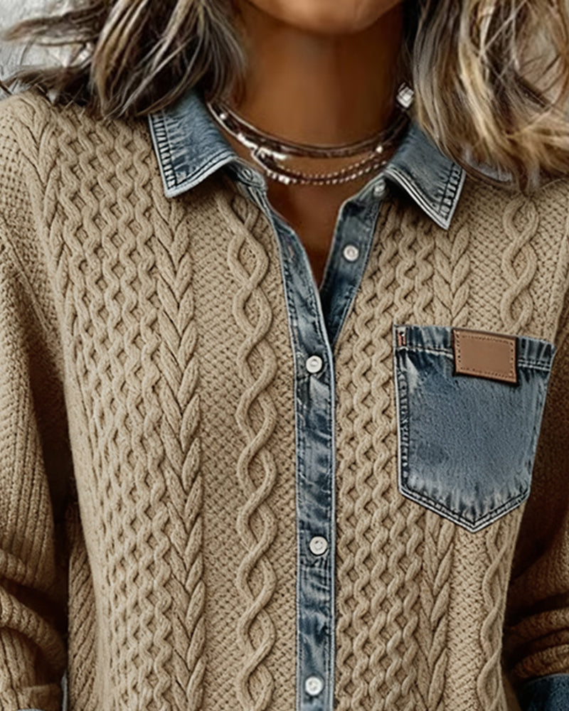 Women's Cable-Knit Cardigan with Denim Details