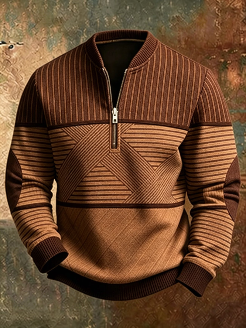 Men's Half-Zip Pullover with Stand Collar and Graphic Design