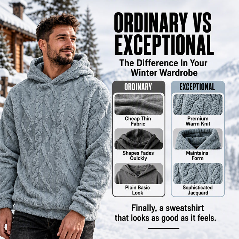 Men's Winter Fleece Lined Hoodie Jacquard Pattern Long Sleeve Pullover Sweatshirt for Casual Outdoor Wear