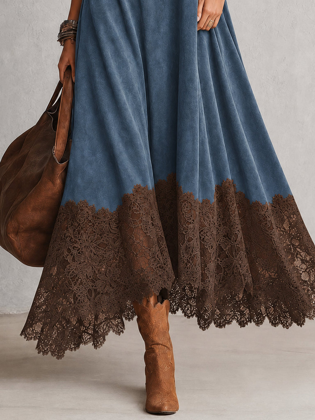 A-Line High-Neck Dress with Lace Panels and Long Sleeves