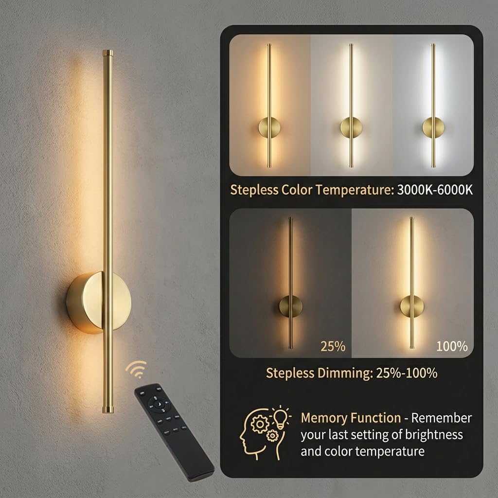 Gold Rechargeable Wall Lamp, 19.6 in β Dimmable LED Wall Sconce