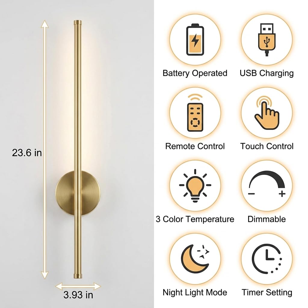 Gold Rechargeable Wall Lamp, 19.6 in β Dimmable LED Wall Sconce