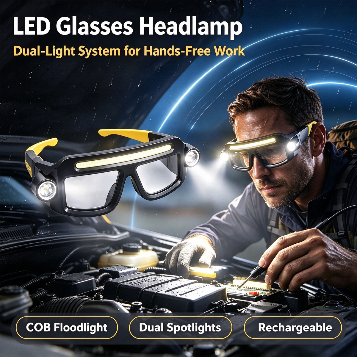 Rechargeable LED Headlamp Glasses - Hand-Wave Sense, Type-C USB Charging