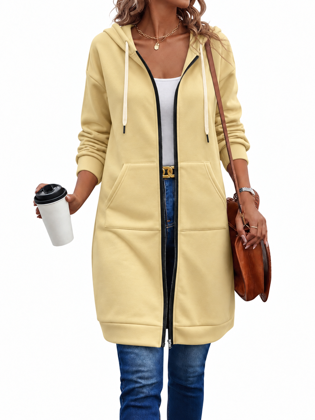 Long Zip Hoodie with Hood Drawstring