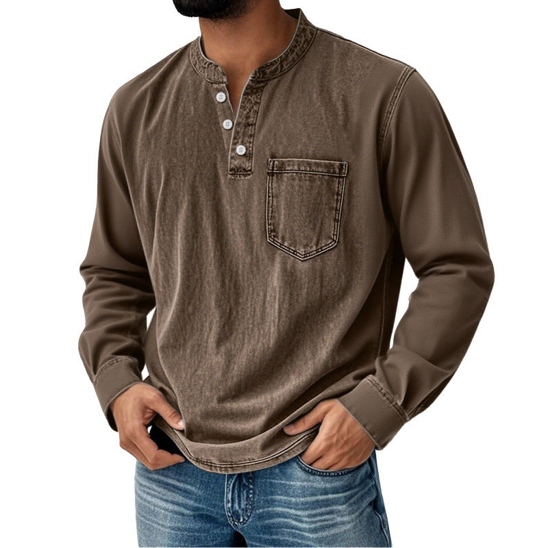 Men's Denim Shirt with Long Sleeves, V-Neck and Pocket