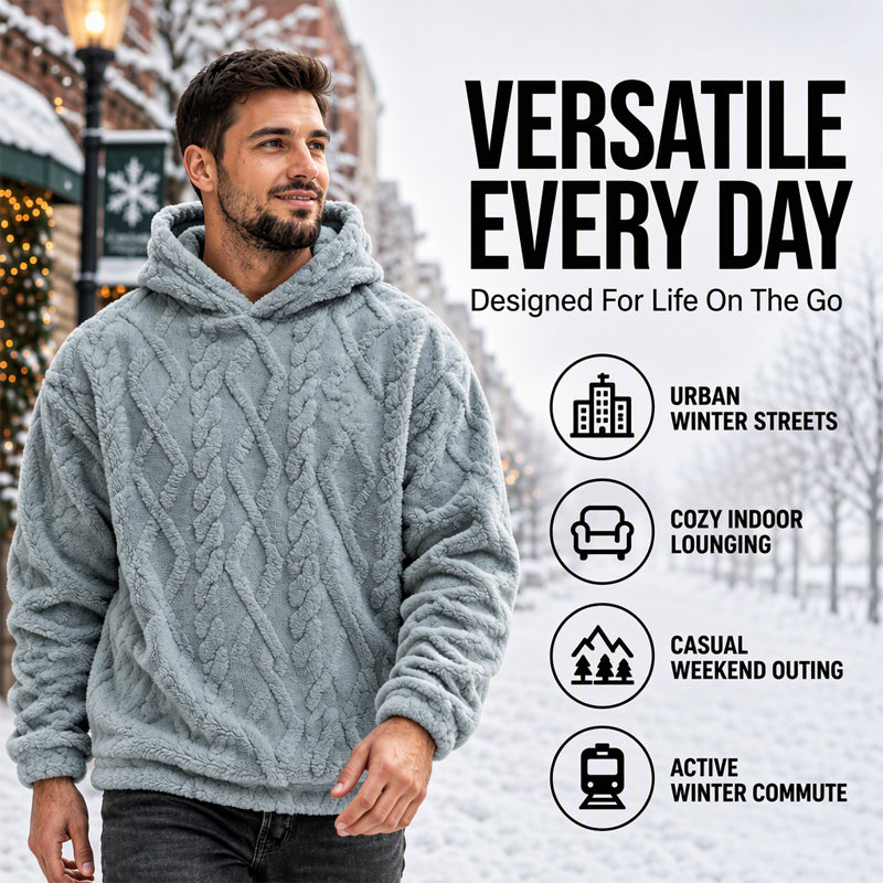 Men's Winter Fleece Lined Hoodie Jacquard Pattern Long Sleeve Pullover Sweatshirt for Casual Outdoor Wear