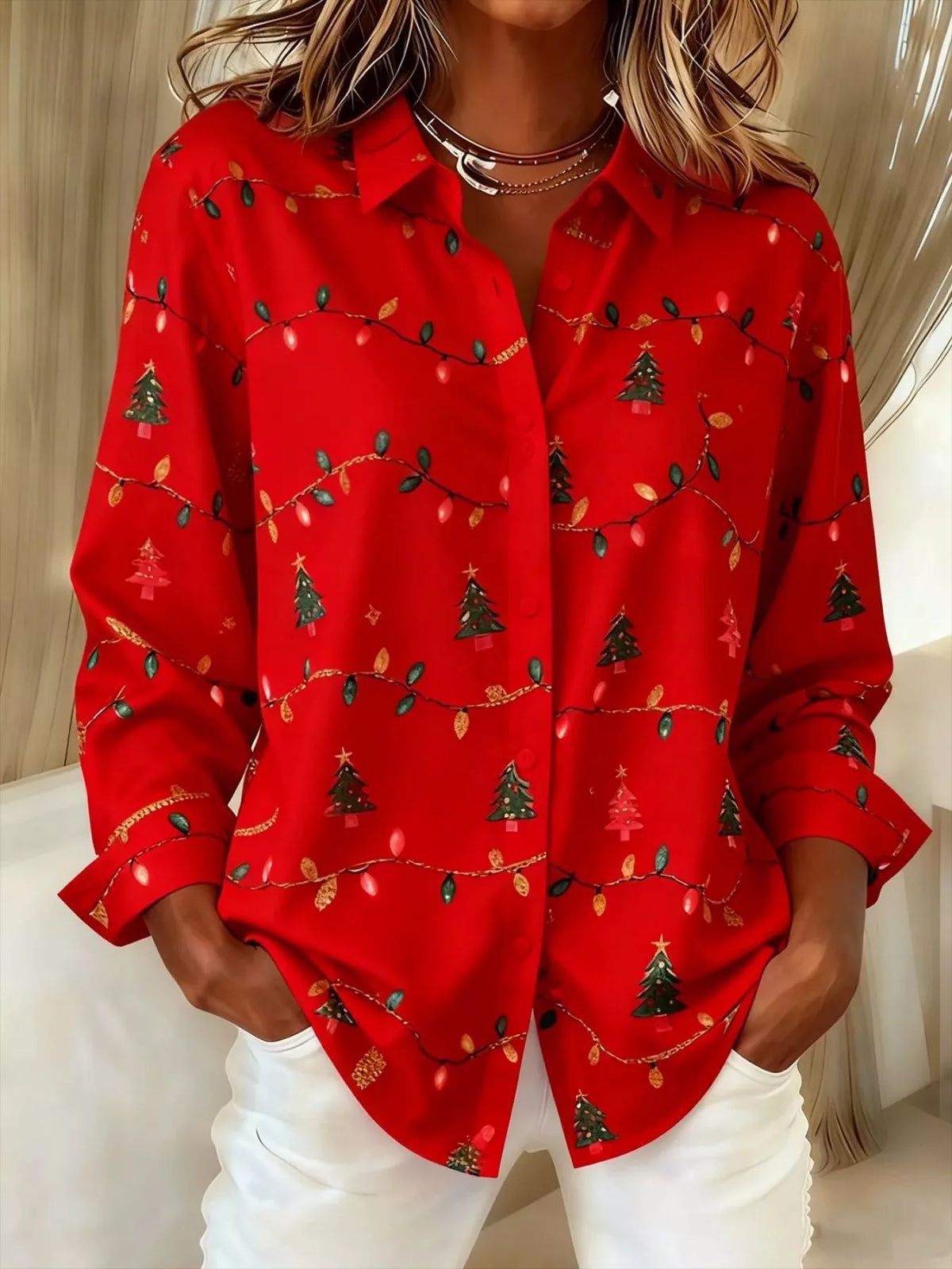 Christmas Tree Print Long Sleeve Button-Down Shirt Plus Size