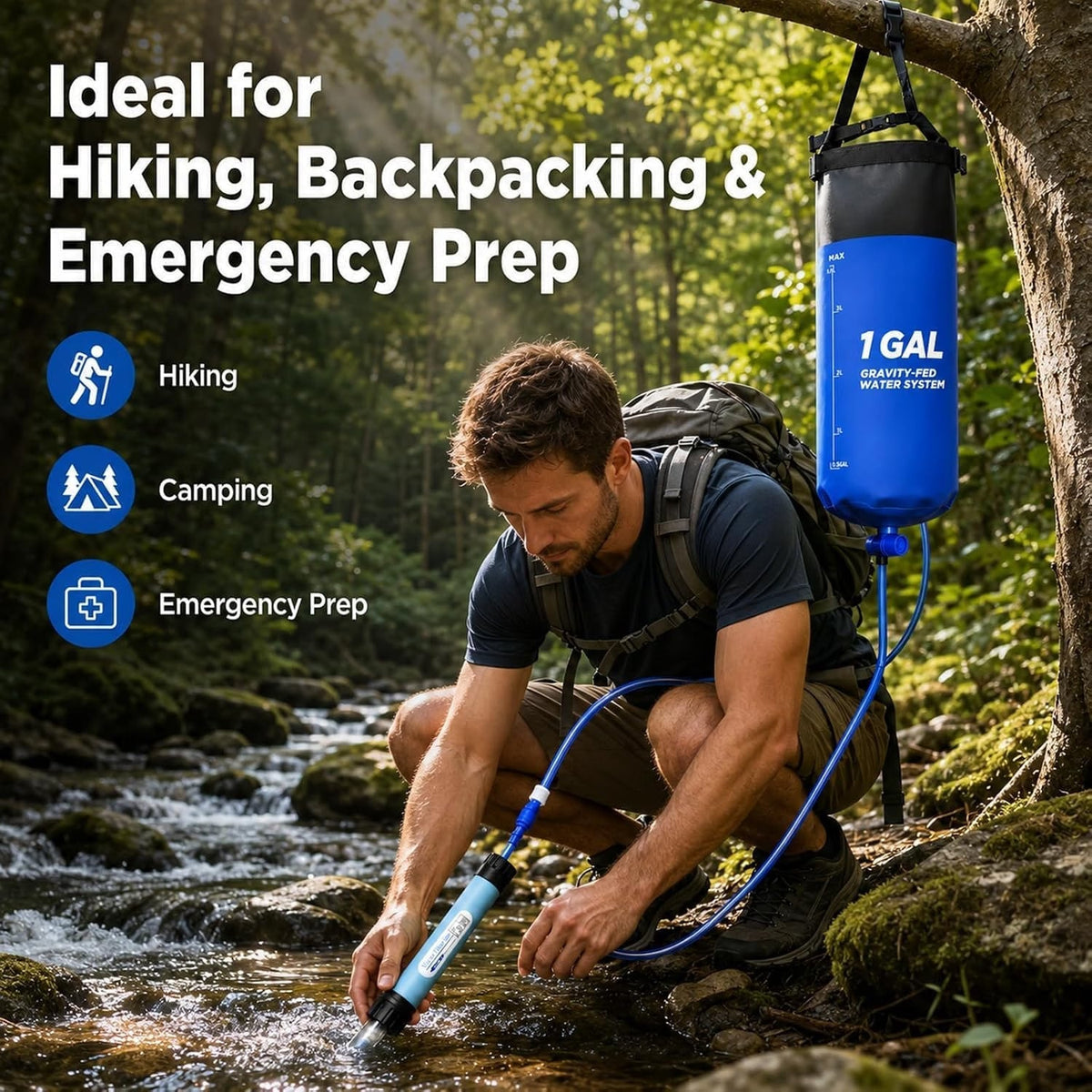 Gravity Water Filter Purifier System with 0.01 Micron Membrane, Countertop Filtration, for Camping & Home Emergency, 1.5L, Portable