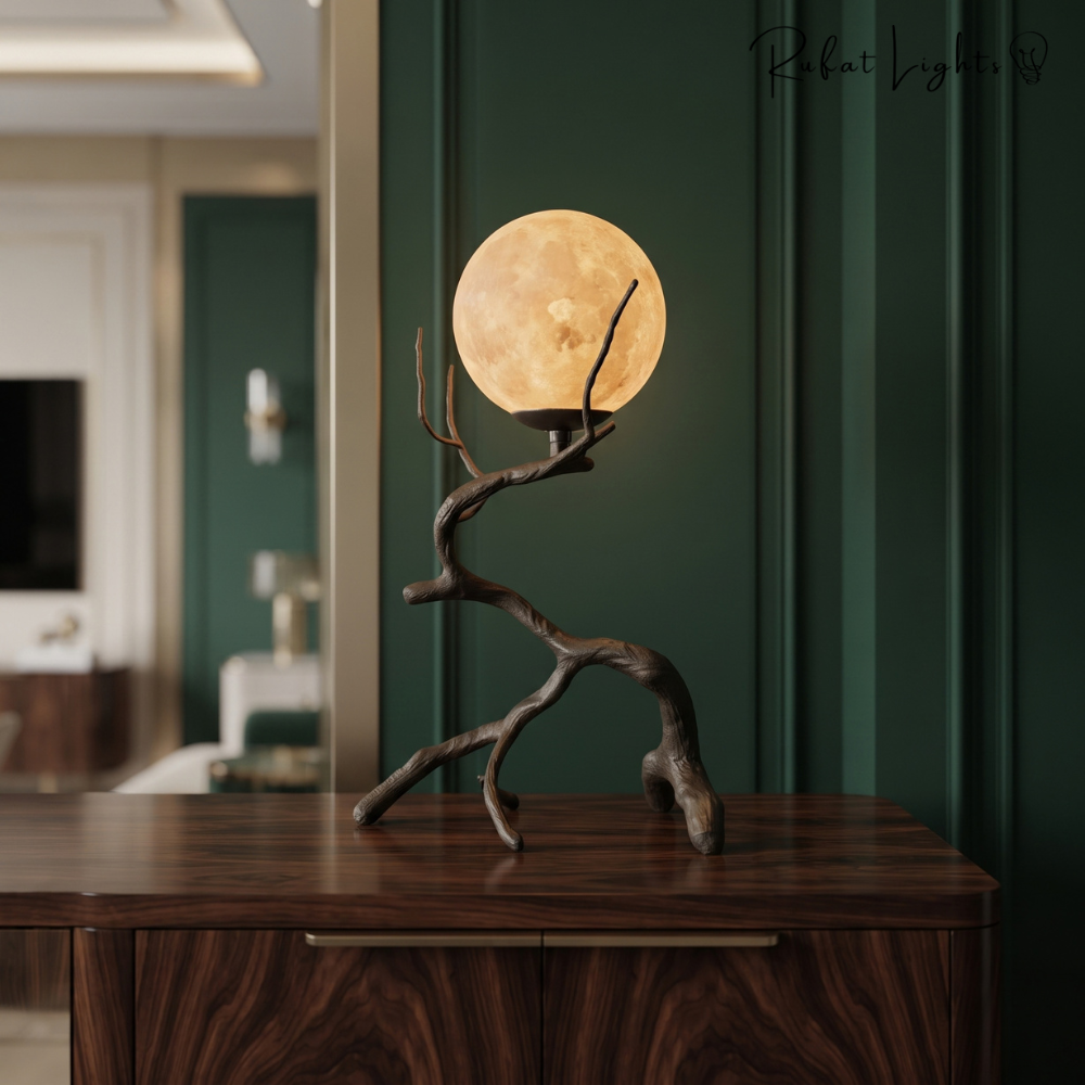 Rustic Wood Grain Moon Table Light