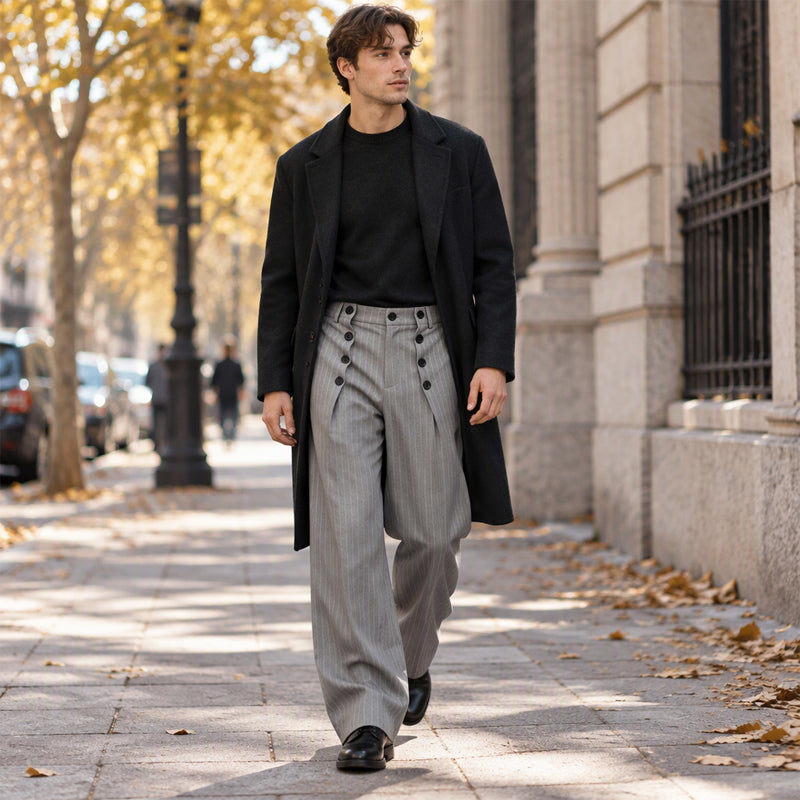 Tailored Waist, Effortless Drape | Men's Double-Breasted High-Waist Pants