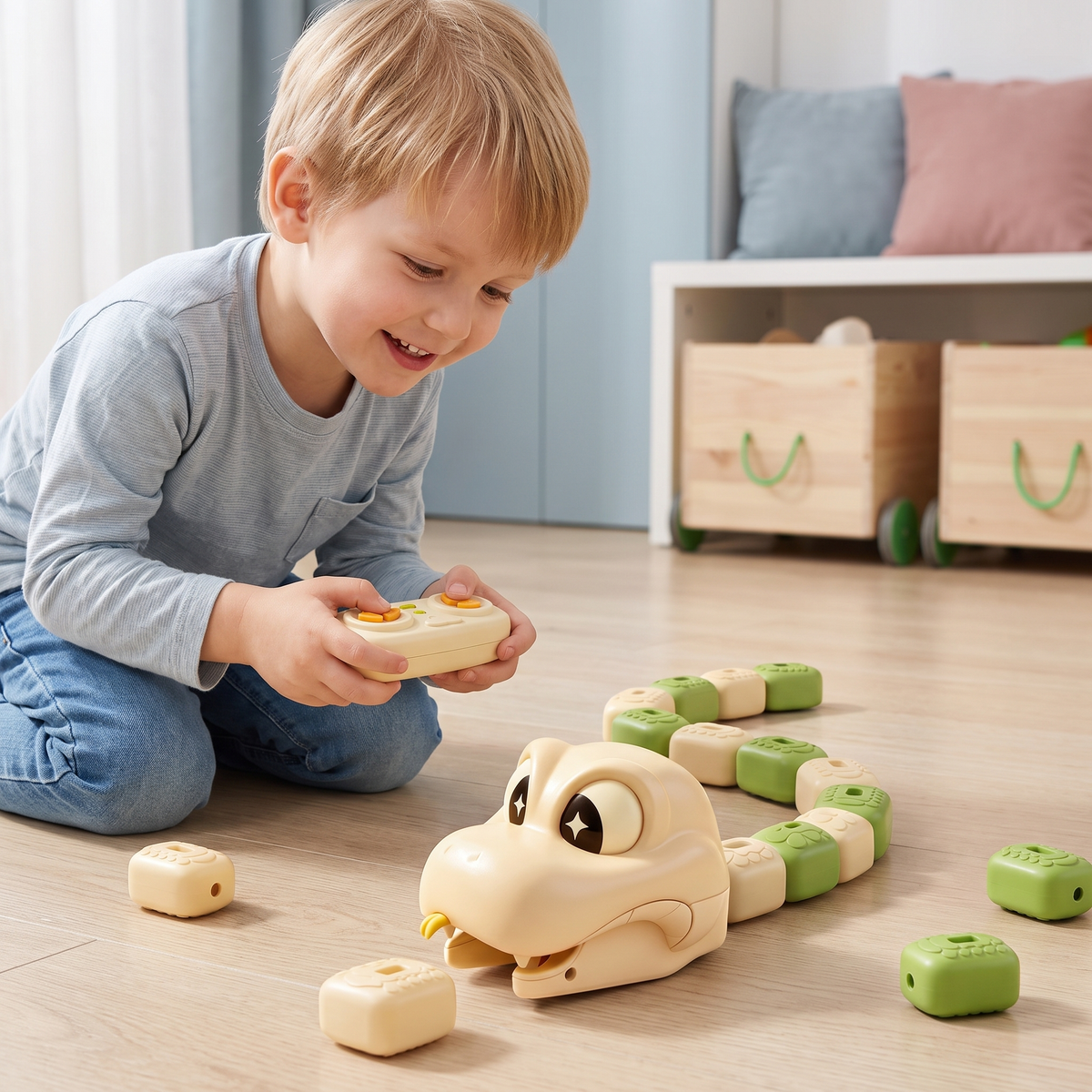 Interactive Growing Remote-Controlled Snake Toy STEM – Eats Blocks and Extends