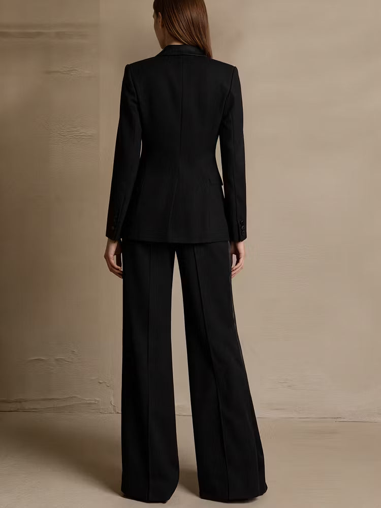 Two-Piece Set Featuring a Black Satin Blazer and Wide-Leg Trousers
