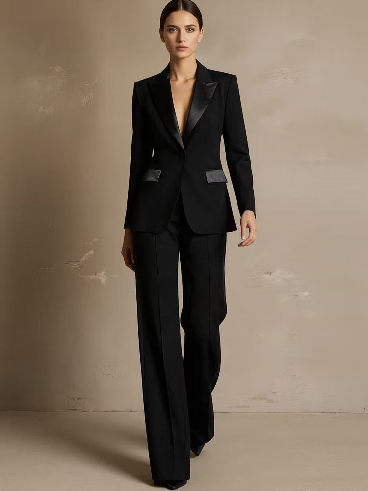Two-Piece Set Featuring a Black Satin Blazer and Wide-Leg Trousers