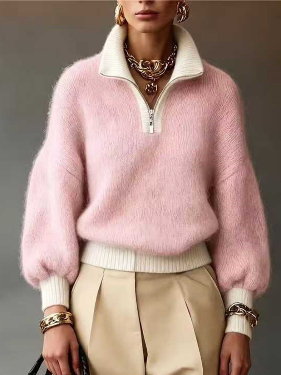 Contrast Quarter Zip Mock Neck Sweater