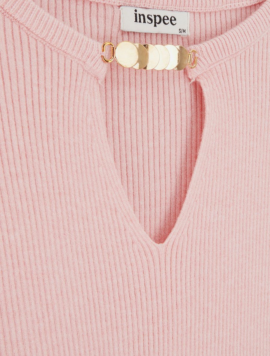 Ribbed V-Neck Sweater with Jewel Detail - Pink