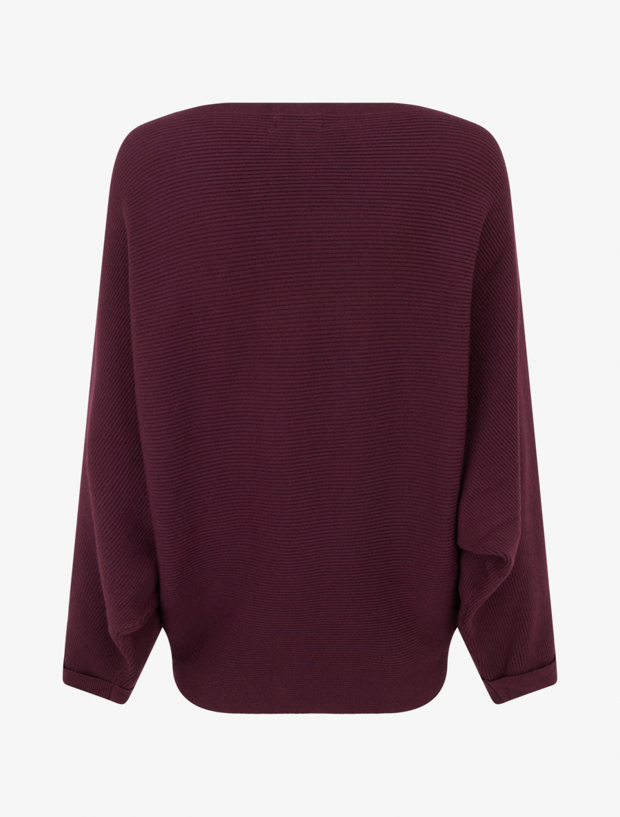 Ribbed Boat Neck Sweater - Burgundy