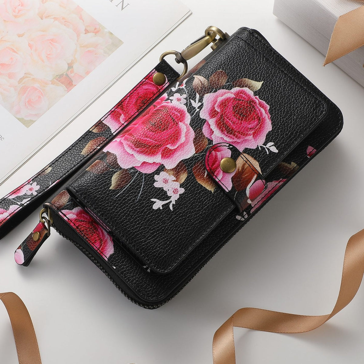 Floral Rose Print Long Wallet with Card Slots and Phone Pocket