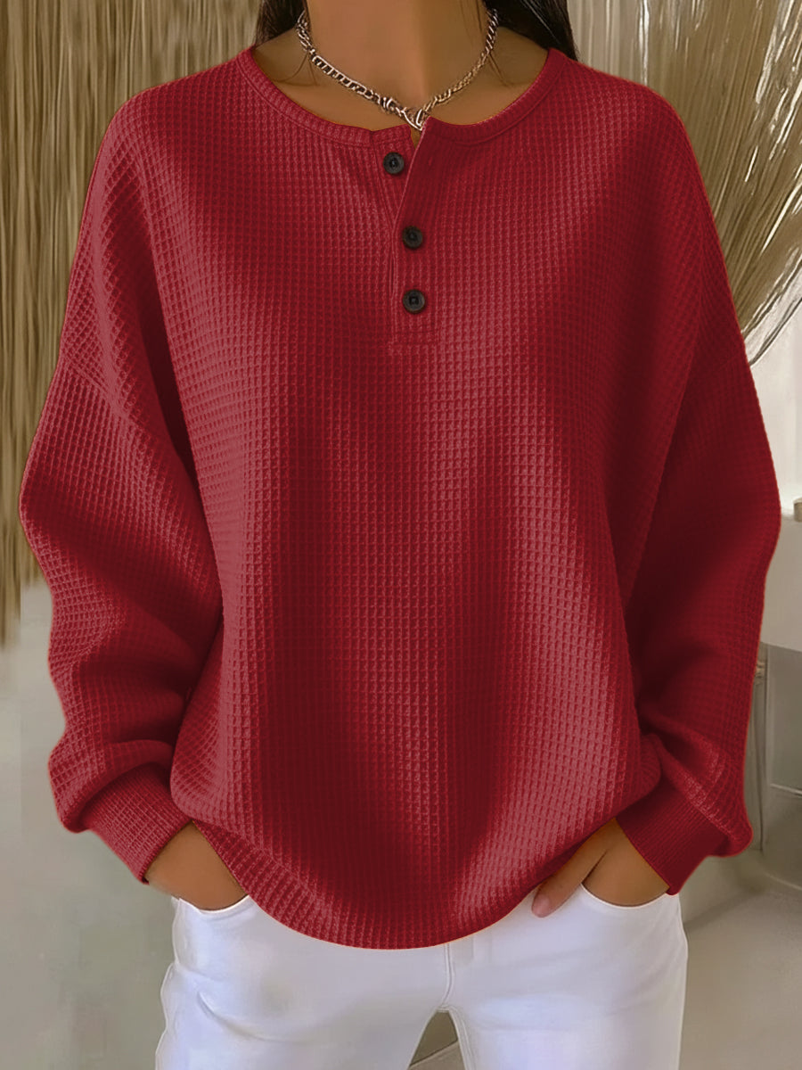 Solid-Coloured Waffle-Knit Pullover with Buttons