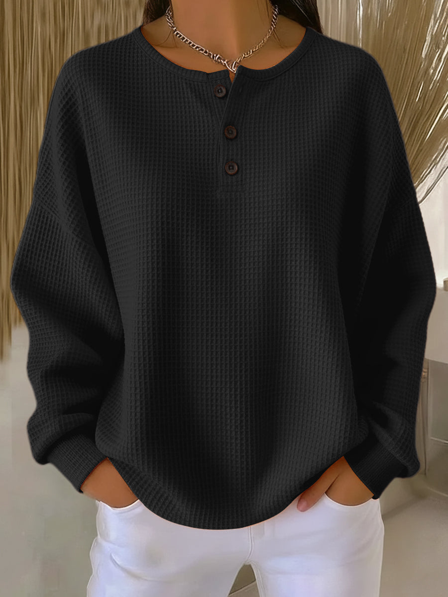 Solid-Coloured Waffle-Knit Pullover with Buttons