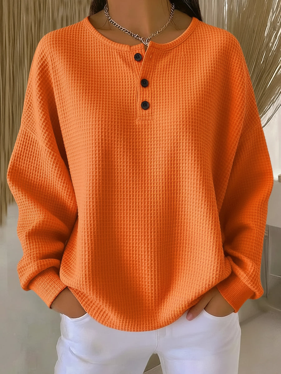 Solid-Coloured Waffle-Knit Pullover with Buttons