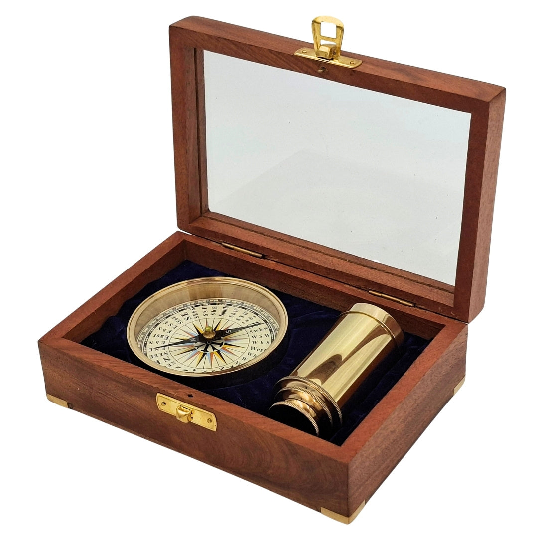 Gift Set with Brass Compass and Telescope in Elegant Wooden Box with Engraving