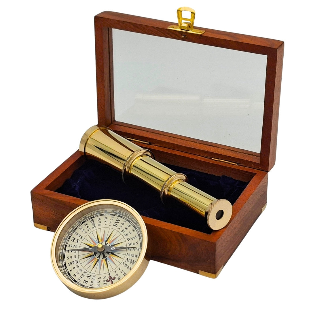 Gift Set with Brass Compass and Telescope in Elegant Wooden Box with Engraving