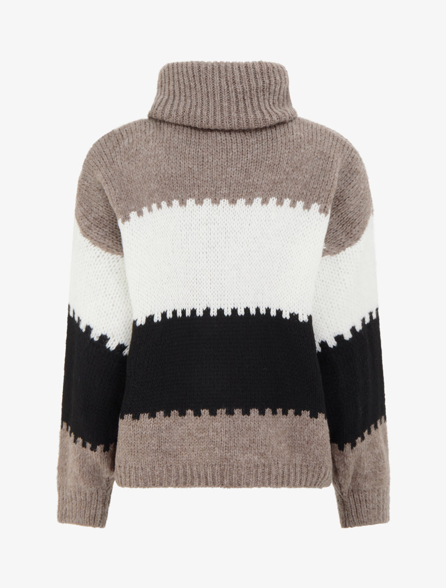 Turtleneck Jumper with Stylised Stripes - Taupe