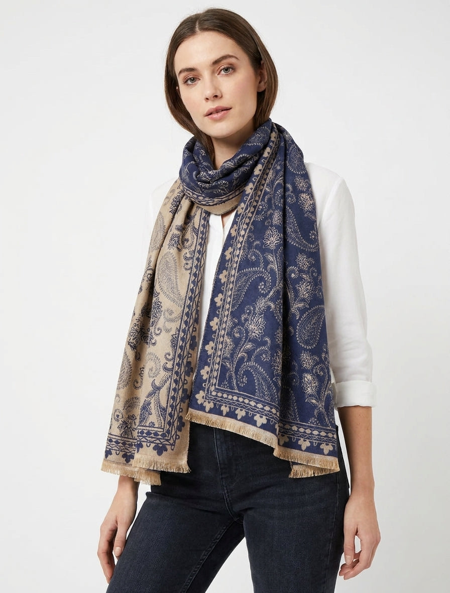 Fringed Scarf with Cashmere Print - Navy