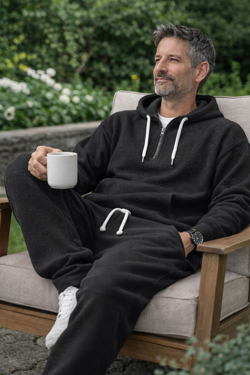 Men's Waffle-Knit Tracksuit – Relaxed Half-Zip Hoodie and Joggers for Travel and Lounging