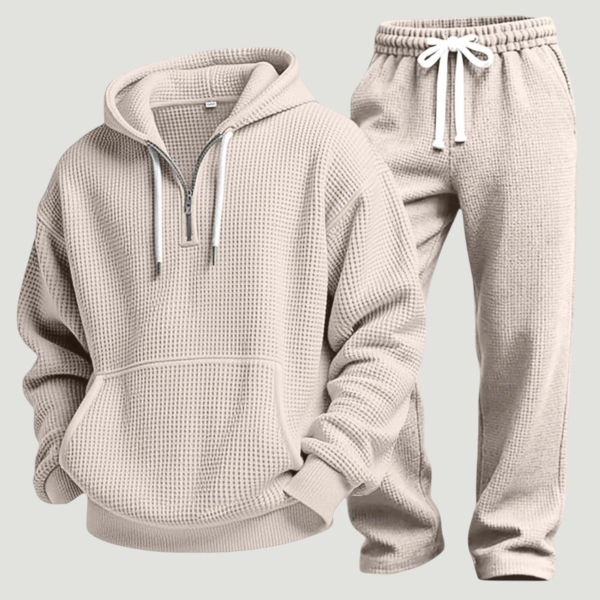 Men's Waffle-Knit Tracksuit – Relaxed Half-Zip Hoodie and Joggers for Travel and Lounging