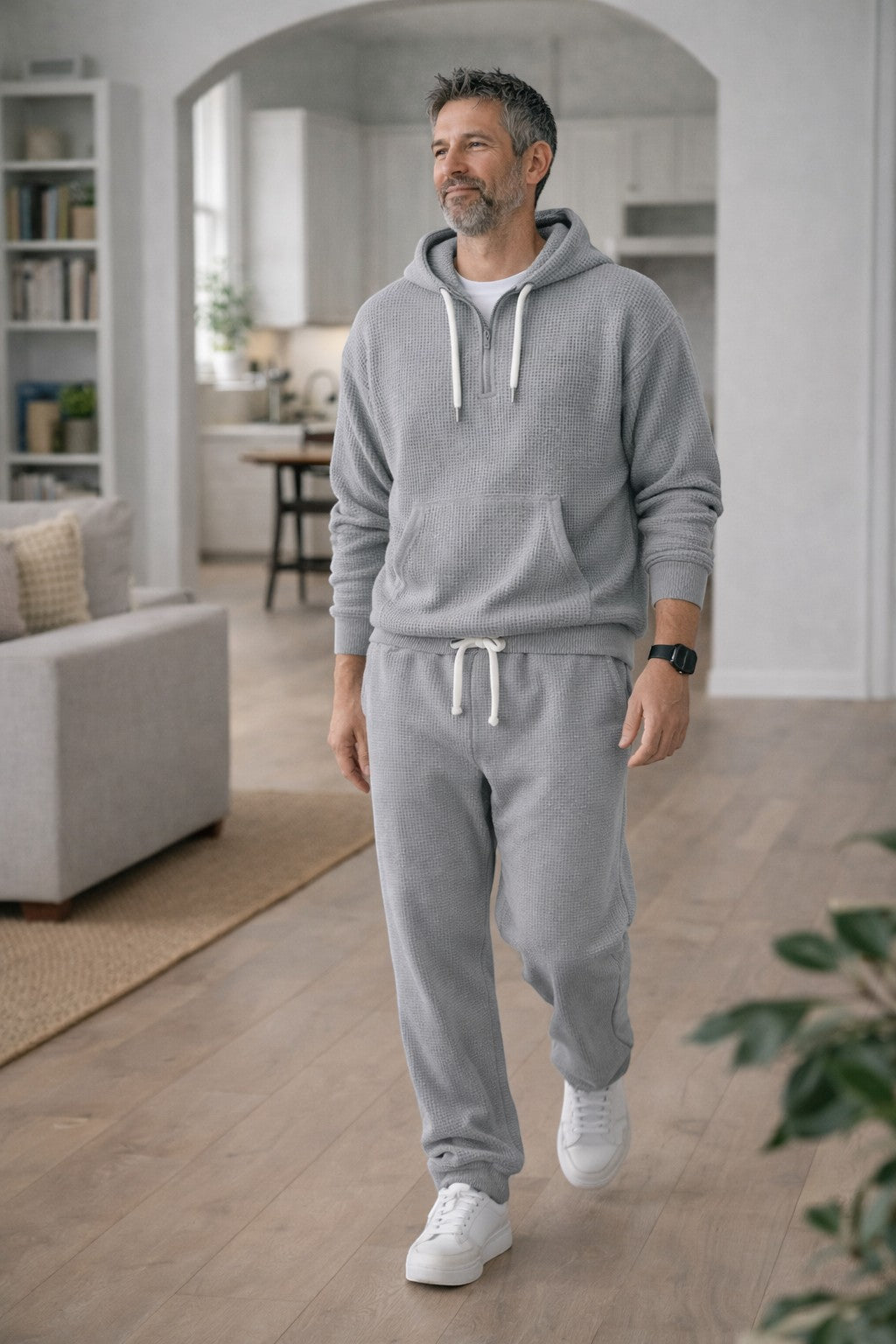 Men's Waffle-Knit Tracksuit – Relaxed Half-Zip Hoodie and Joggers for Travel and Lounging
