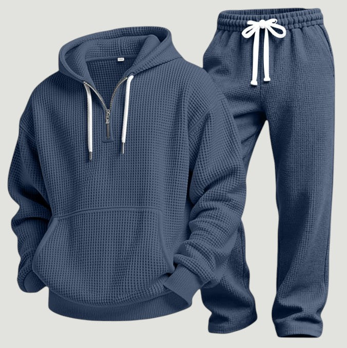 Men's Waffle-Knit Tracksuit – Relaxed Half-Zip Hoodie and Joggers for Travel and Lounging