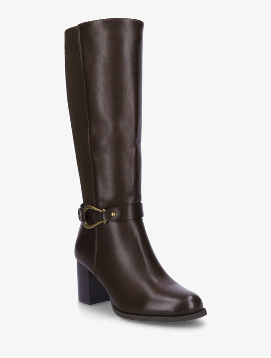 Two-Material Block Heel Boots - Brown